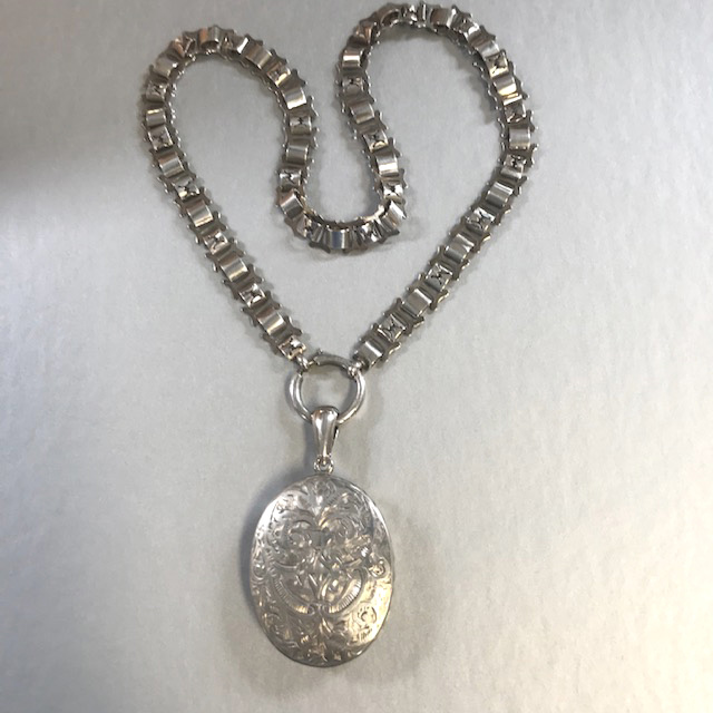 Victorian Sterling Silver Locket and Collar Circa 1880s, Lovely Etched Urn and Foliate Design