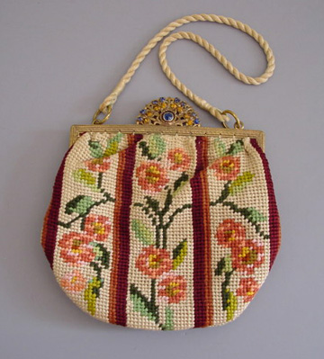 Vintage 1960s White Beaded Evening Bag - Purse with Floral Needlepoint  Design