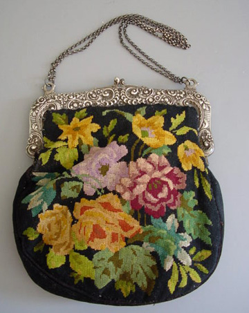 Antique Black Beaded and Needlepoint Evening Purse, Vintage 1950s Beaded Bag  with Tapestry