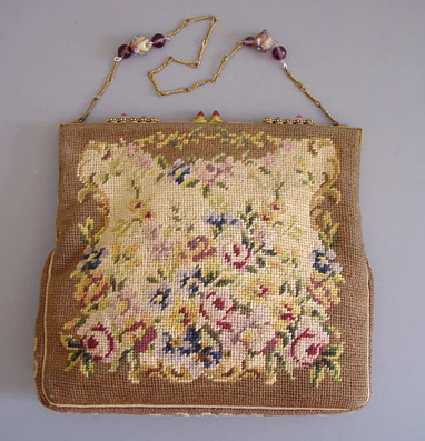 Vintage beaded Bag with Floral Stitched Front