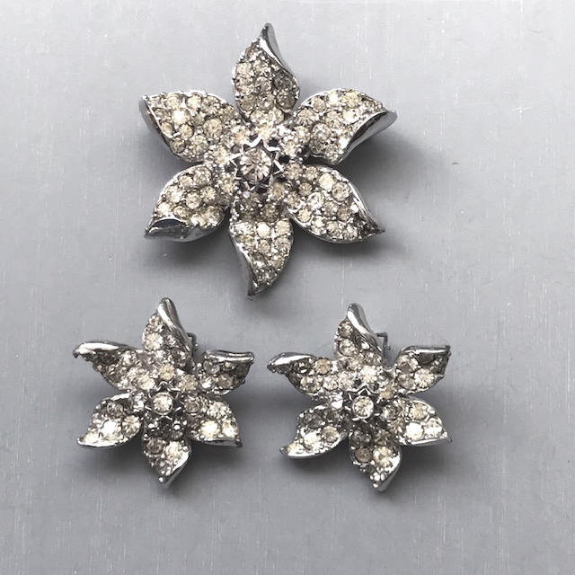 DeRosa Sparkling Clear Rhinestones Flower Brooch and Earrings Set in Sterling Silver