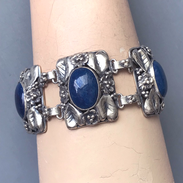 Laurel Leaf Hook Bracelet, engraved Sterling Silver and 18 k Gold, Cobalt  Enamel and Blue Sapphires.