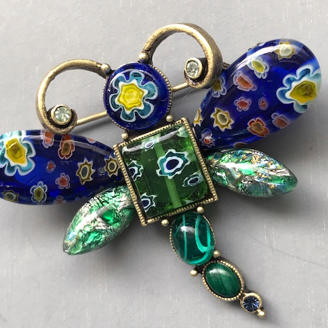 Sweet Romance Millefiori Glass Butterfly Pin in Lovely Aqua and Green